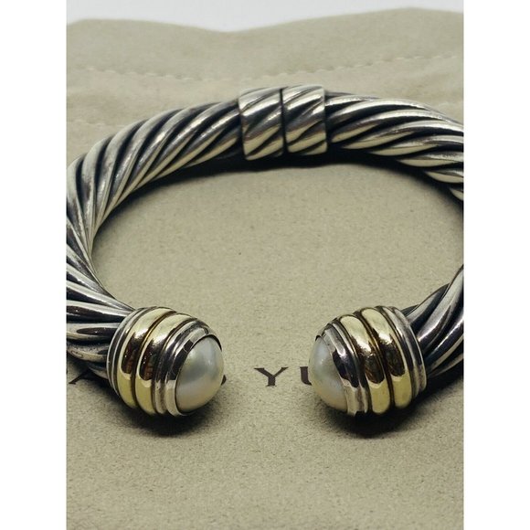 DAVID YURMAN STERLING SILVER 14K 10MM MABE PEARL HINGED CUFF BRACELET RARE 6.25” - Picture 2 of 11